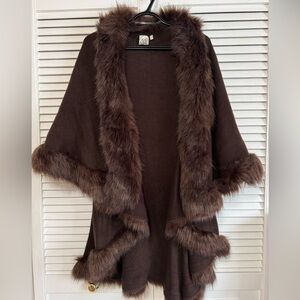 Brown Faux Fur Trim Knit Coat